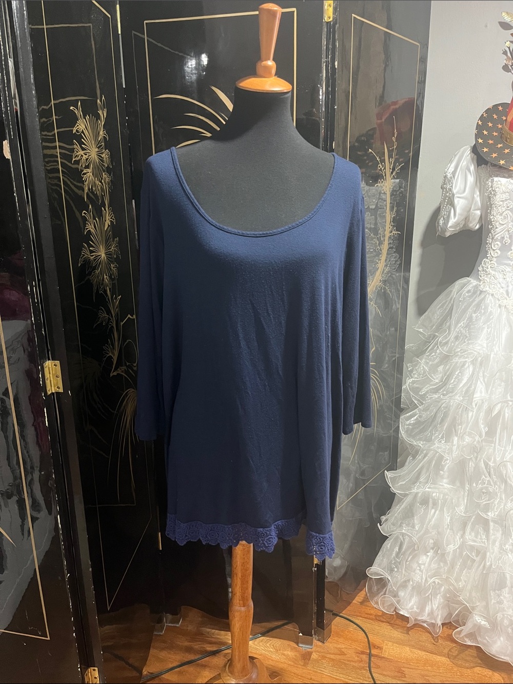 About A Girl Navy Scoop Neck Top with Lace Hem